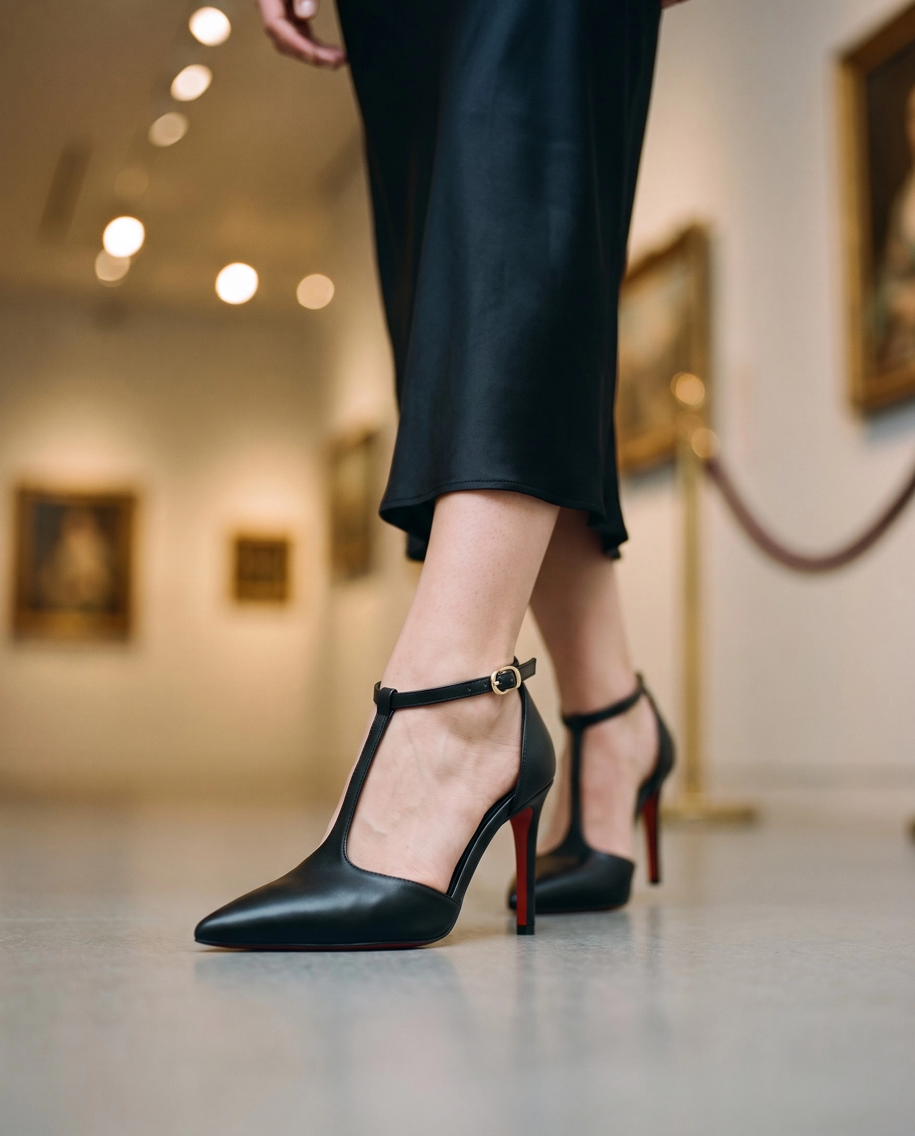 Siyah Deri T-Bantlı Stiletto