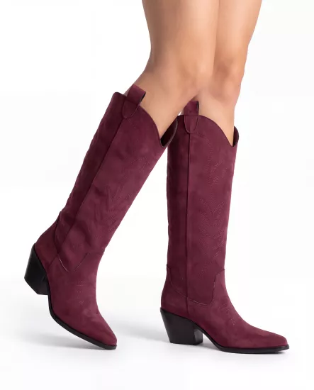Kadın Bordo Süet Nakışlı Western Adalina Kovboy Çizmesi