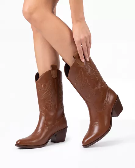 Kadın Taba Deri Nakışlı Western Talia Kovboy Çizmesi