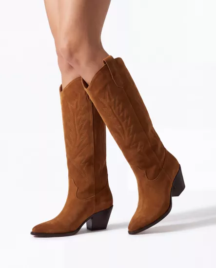 Kadın Taba Süet Nakışlı Western Adalina Kovboy Çizmesi