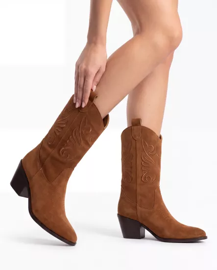 Kadın Taba Süet Nakışlı Western Talia Kovboy Çizmesi