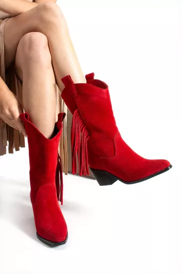 Texas Breeze Püsküllü Kırmızı Süet Kadın Kovboy Botu