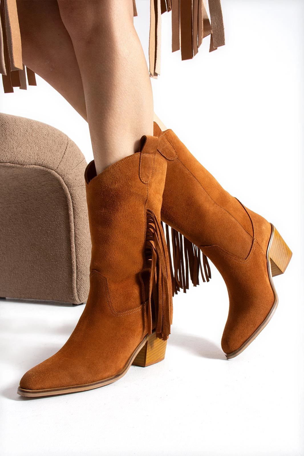 Texas Breeze Püsküllü Taba Süet Kadın Kovboy Botu