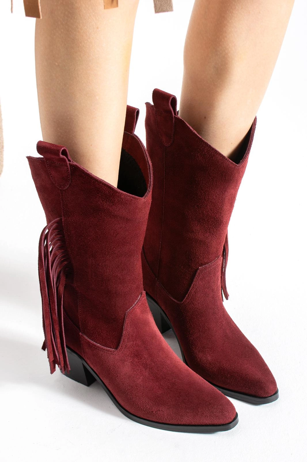 Texas Breeze Püsküllü Bordo Süet Kadın Kovboy Botu