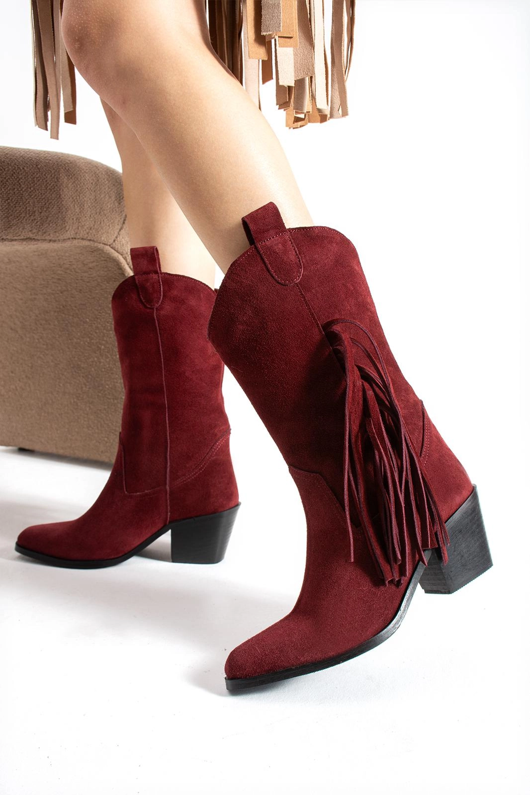 Texas Breeze Püsküllü Bordo Süet Kadın Kovboy Botu